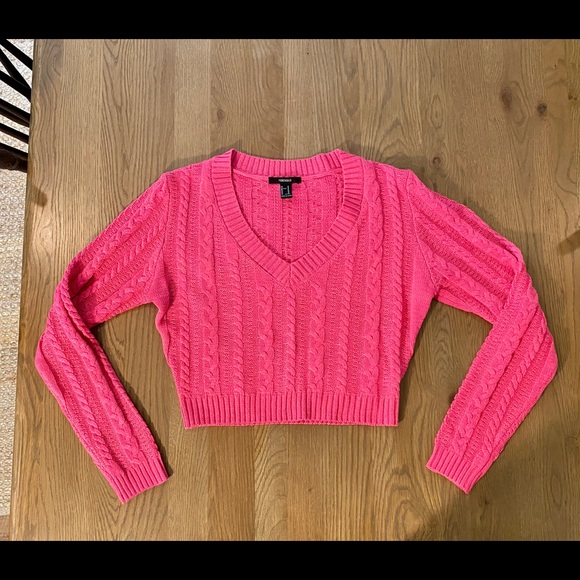 Hot Pink Cable Knit Cropped Sweater 